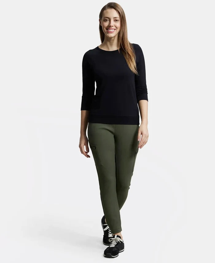 Super Combed Cotton Viscose Elastane Regular Fit Solid Round Neck Three Quarter Sleeve T-Shirt - Black-4