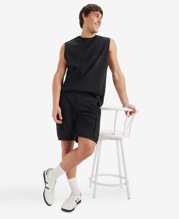 Super Combed Cotton Woven Straight Fit Cargo Shorts with Seven Pockets - Black