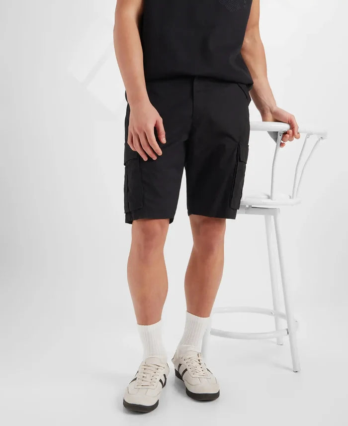 Super Combed Cotton Woven Straight Fit Cargo Shorts with Seven Pockets - Black