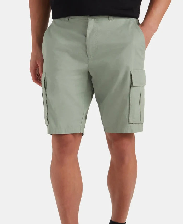 Super Combed Cotton Woven Straight Fit Cargo Shorts with Seven Pockets - Iceberg Green