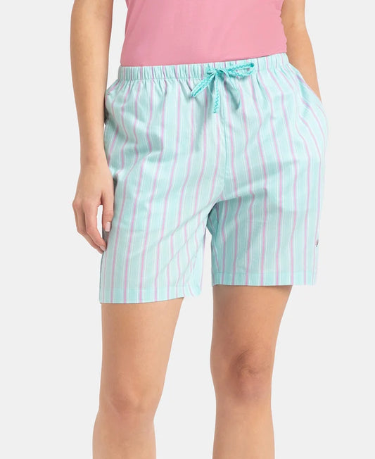 Super Combed Cotton Yarn Dyed Woven Relaxed Fit Striped Shorts with Side Pockets - Aqua Sky