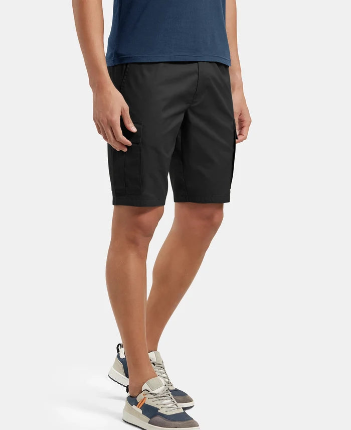 Super Combed Mercerised Cotton Woven Straight Fit Cargo Shorts - Black