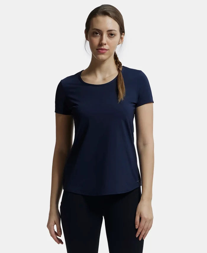 Tactel Microfiber Elastane Stretch Relaxed Fit Solid Curved Hem Styled Short Sleeve T-Shirt - Cosmic Sapphire