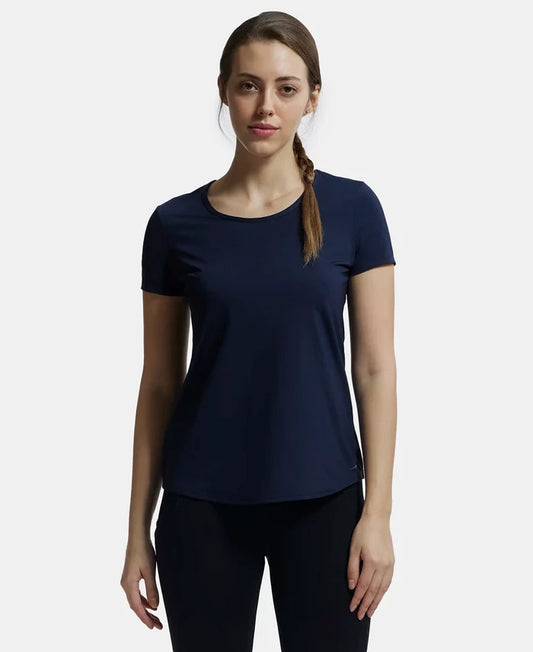 Tactel Microfiber Elastane Stretch Relaxed Fit Solid Curved Hem Styled Short Sleeve T-Shirt - Cosmic Sapphire