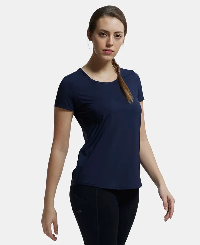 Tactel Microfiber Elastane Stretch Relaxed Fit Solid Curved Hem Styled Short Sleeve T-Shirt - Cosmic Sapphire