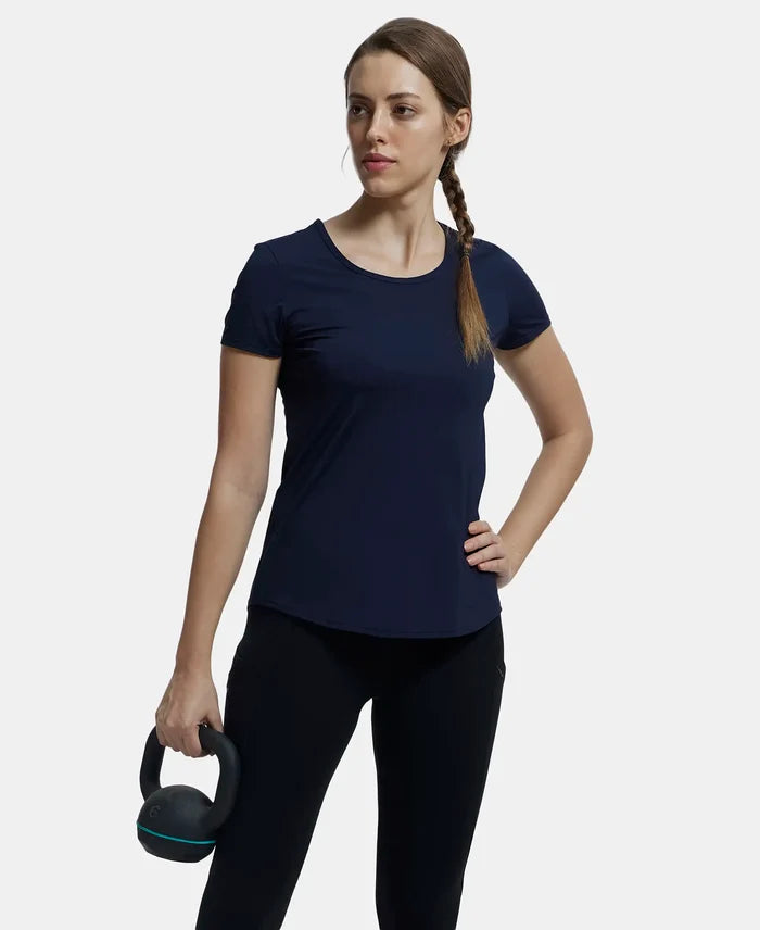 Tactel Microfiber Elastane Stretch Relaxed Fit Solid Curved Hem Styled Short Sleeve T-Shirt - Cosmic Sapphire