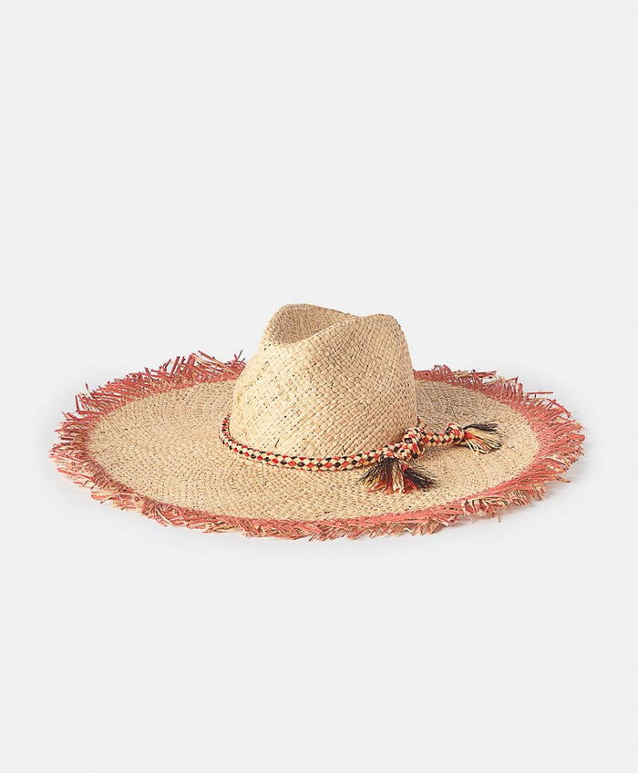 The MOMONI TALLULAH RAFIA SUMMER HAT, crafted in Italy from natural raffia, features a wide fringed brim with a frayed blue edge and a blue braided crown band, displayed on a plain light background.