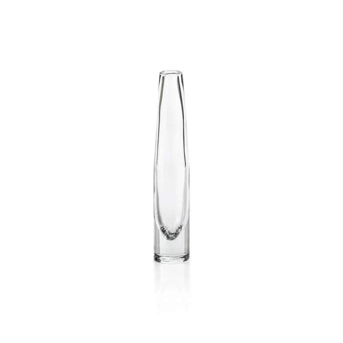 The ZODAX TATE SLIM CLEAR GLASS VASE - SHORT, featuring a narrow neck and wider base, measures 2.5 in x 13.5 in and is shown against a plain white background.
