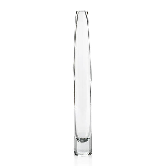 Three TATE Slim Clear Glass Vases by ZODAX are arranged on a white background. Each sleek, cylindrical vase has a narrow opening, including one measuring 2.5 in x 20.5 in.