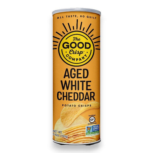 A cylindrical container of THE GOOD CRISP COMPANY's Aged White Cheddar Chips features an orange can with a black logo at the top, stating "All taste, no guilt." The labels include Non-GMO and certified gluten-free (GF), with a net weight of 5.6 oz (160g). These chips offer a truly sophisticated crisp for your culinary delights.