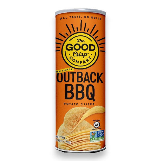 A tall cylindrical canister labeled "THE GOOD CRISP COMPANY - OUTBACK BBQ CHIPS" contains Outback BBQ flavored baked crisps. The orange packaging highlights "All taste, no guilt," and features gluten-free and non-GMO certifications, displaying a stack of BBQ chips at the bottom.