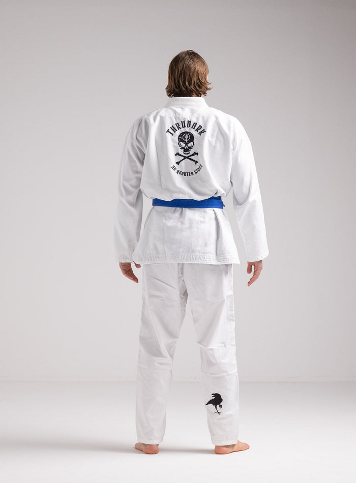 Angus Is 6ft 4" | Hem Studio Image Of Model Wearing Thrudark X Reorg Lightweight Nqg Gi In White (SS Model)