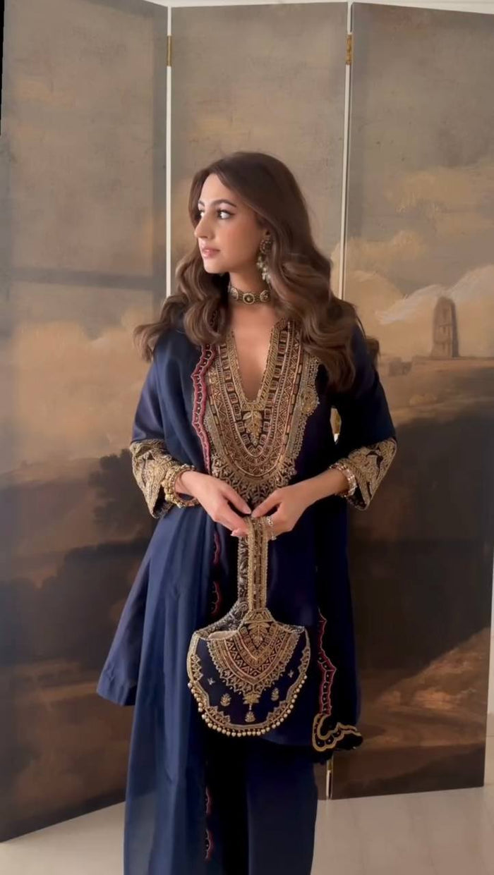 Timeless Grace Blue Gold Embroidery Ensemble