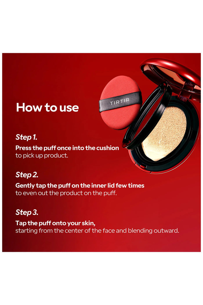 A TIRTIR Mask Fit Red Cushion Foundation in Ivory by KOSMIC KBEAUTY SKINCARE is shown open in its red compact, with a beige cushion foundation inside, an applicator puff beside it, and a swatch of the hydrating full coverage formula in the background.