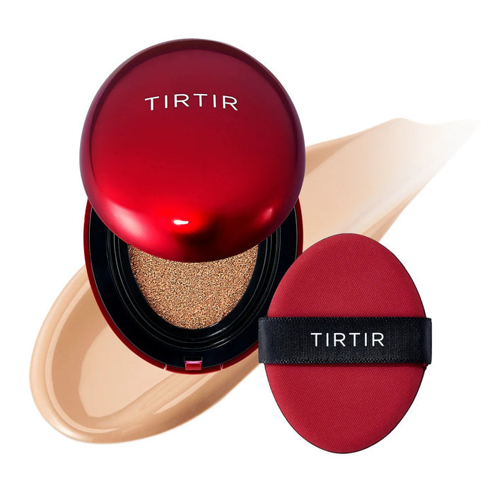 A red compact labeled "TIRTIR - MASK FIT RED CUSHION FOUNDATION IN MOCHA" by KOSMIC KBEAUTY SKINCARE opens to reveal a matching puff with a black TIRTIR band, set against a beige swipe that highlights its hydrating, long-lasting coverage.