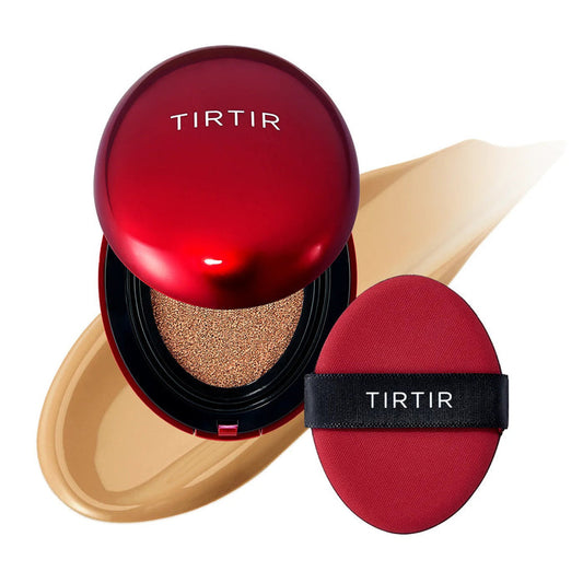 The TIRTIR - MASK FIT RED CUSHION FOUNDATION IN NATURAL BEIGE by KOSMIC KBEAUTY SKINCARE comes in a red compact with a matching puff, offering hydrating, flawless full coverage and shown with a beige swatch in the background.