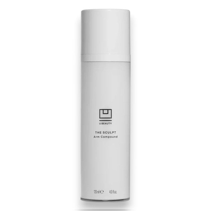 A white cylindrical bottle of U BEAUTY THE SCULPT ARM COMPOUND (120 ml/4.0 fl. oz.), featuring a minimalist black logo and text, harnesses marine extracts to enhance skin vitality, shown against a plain white background.