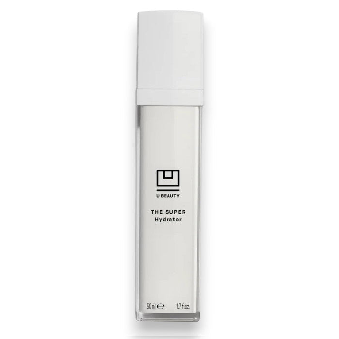 A tall, rectangular white bottle with a square cap labeled "U BEAUTY THE SUPER HYDRATOR 50ML." This moisturizer delivers intense hydration in a 50 ml (1.7 fl oz) size for your skin.