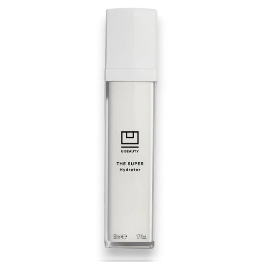 A tall, rectangular white bottle with a square cap labeled "U BEAUTY THE SUPER HYDRATOR 50ML." This moisturizer delivers intense hydration in a 50 ml (1.7 fl oz) size for your skin.
