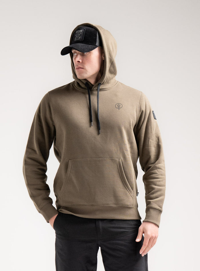 Angus Is 6ft 4" And Wears Size: L | Hem Studio Image Of Model Wearing Vader Hoody - Nqg In Khaki (SS Model)