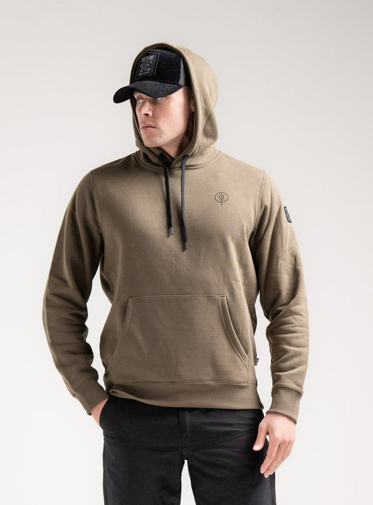 Angus Is 6ft 4" And Wears Size: L | Hem Studio Image Of Model Wearing Vader Hoody - Nqg In Khaki (SS Model)