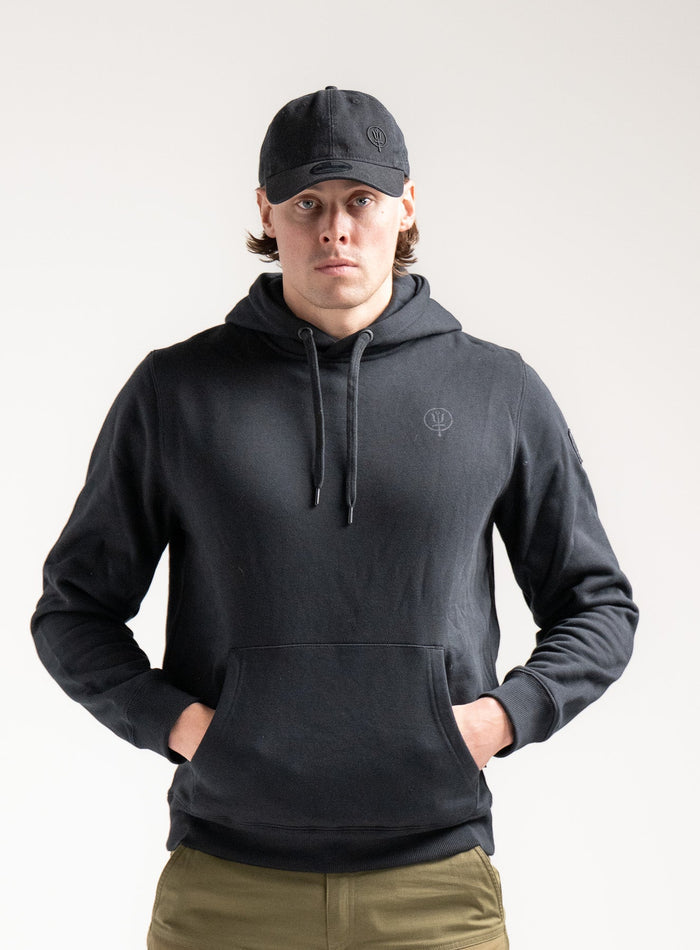 Angus Is 6ft 4" And Wears Size: L | Hem Studio Image Of Model Wearing Vader Hoody - Nqg In Black (SS Model)