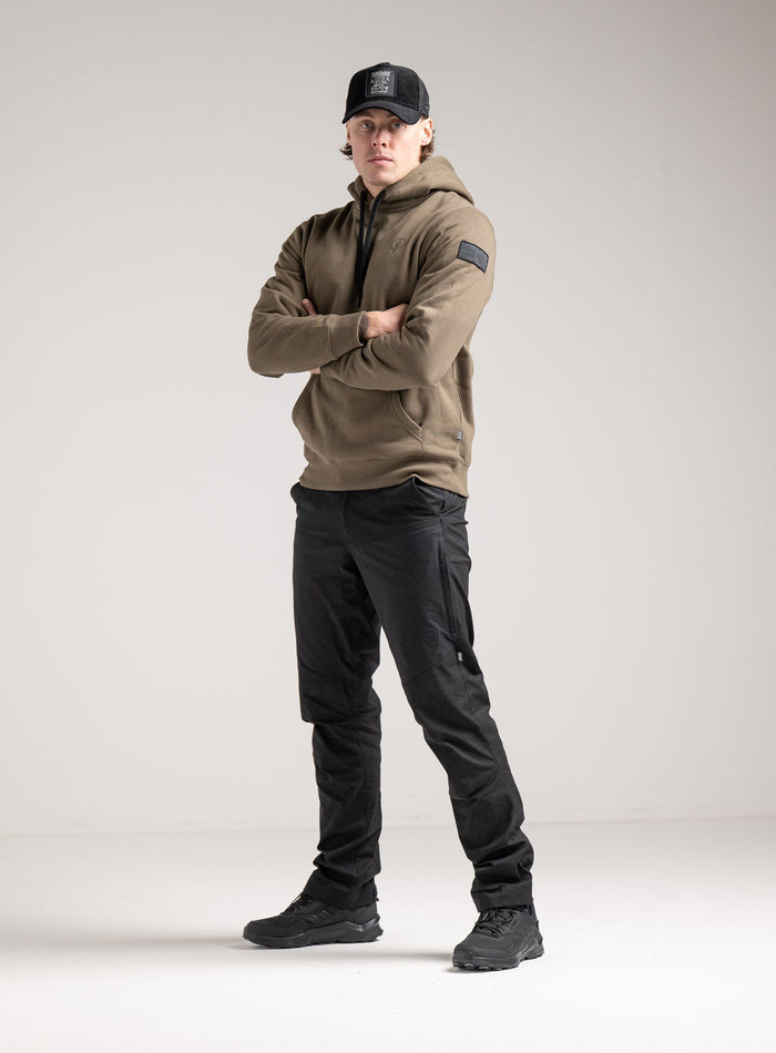 Angus Is 6ft 4" And Wears Size: L | Hem Studio Image Of Model Wearing Vader Hoody - Nqg In Khaki (SS Model)