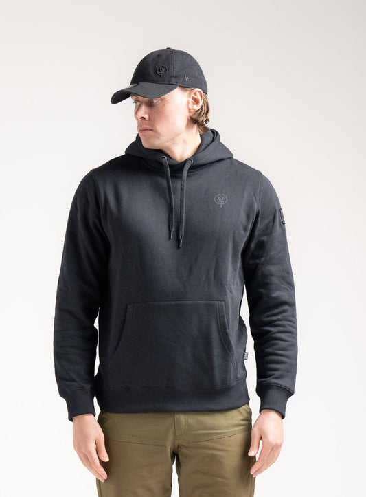 Angus Is 6ft 4" And Wears Size: L | Hem Studio Image Of Model Wearing Vader Hoody - Originals In Black (SS Model)