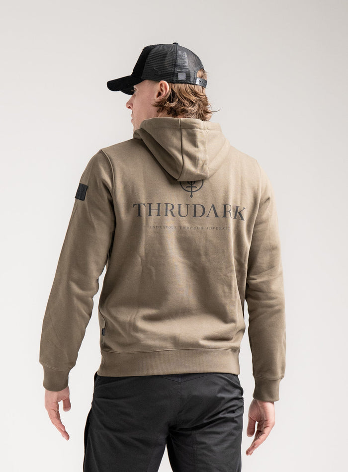 Angus Is 6ft 4" And Wears Size: L | Hem Studio Image Of Model Wearing Vader Hoody - Originals In Khaki (SS Model)