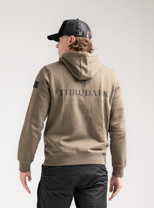 Angus Is 6ft 4" And Wears Size: L | Hem Studio Image Of Model Wearing Vader Hoody - Originals In Khaki (SS Model)