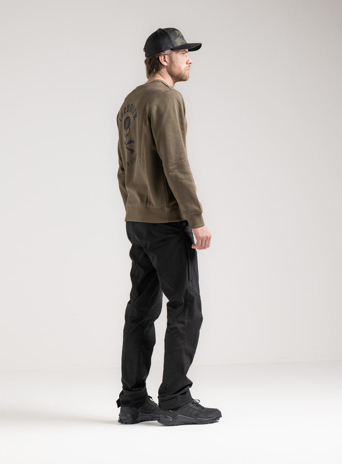 Angus Is 6ft 4" And Wears Size: L | Hem Studio Image Of Model Wearing Vader Jumper - Nqg In Khaki (SS Model)
