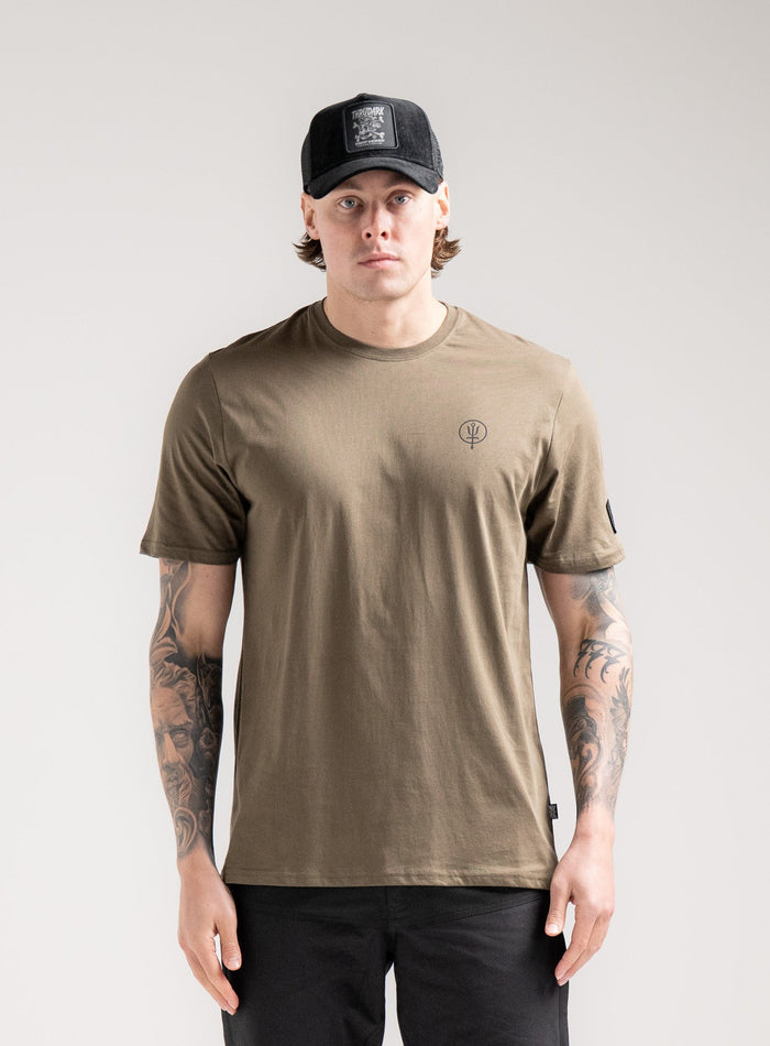 Angus Is 6ft 4" And Wears Size: L | Hem Studio Image Of Model Wearing Vader T-Shirt - Nqg In Khaki (SS Model)