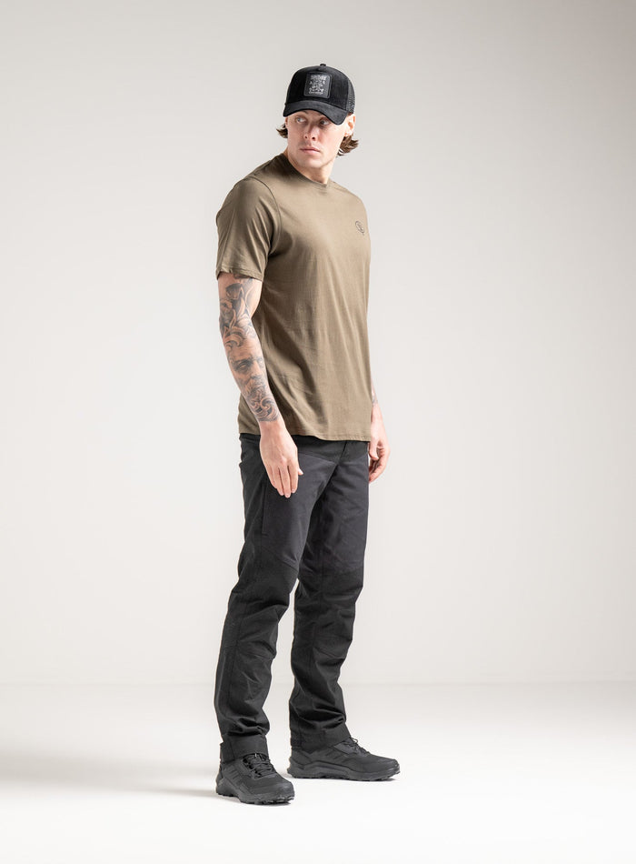 Angus Is 6ft 4" And Wears Size: L | Hem Studio Image Of Model Wearing Vader T-Shirt - Nqg In Khaki (SS Model)