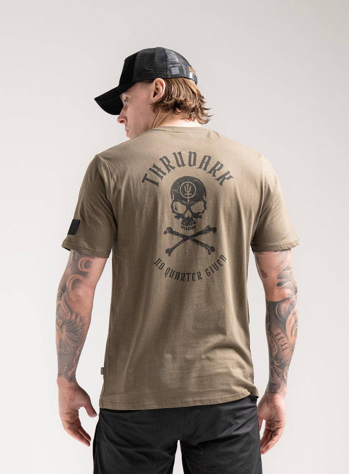 Angus Is 6ft 4" And Wears Size: L | Hem Studio Image Of Model Wearing Vader T-Shirt - Nqg In Khaki (SS Model)