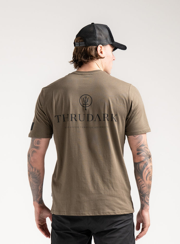 Angus Is 6ft 4" And Wears Size: L | Hem Studio Image Of Model Wearing Vader T-Shirt - Originals In Khaki (SS Model)
