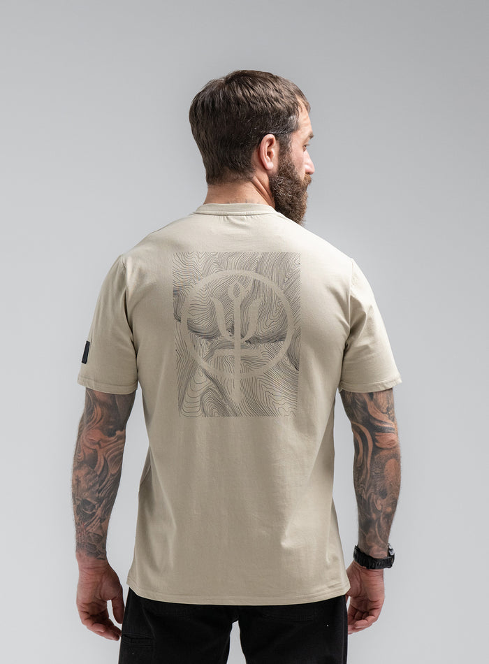 Louis Is 5ft 10" And Wears Size: M | Hem Studio Image Of Model Wearing Vader T-Shirt - Pen Y Fan In Stone (SS Model)