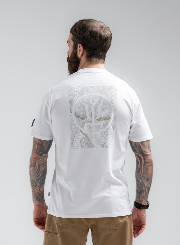 Louis Is 5ft 10" And Wears Size: M | Hem Studio Image Of Model Wearing Vader T-Shirt - Pen Y Fan In Optic White (SS Model)