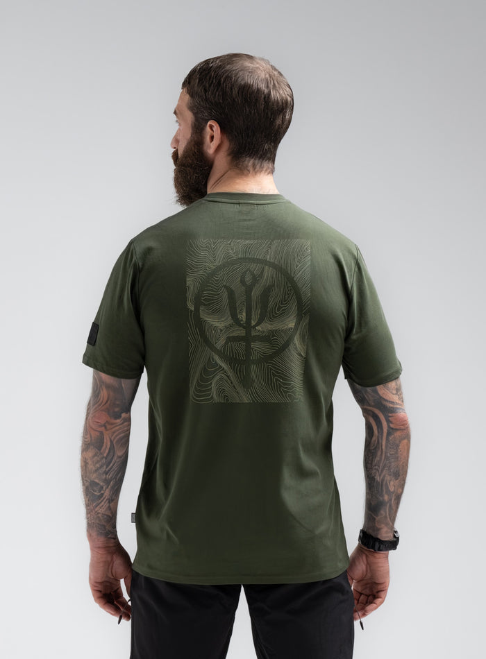 Louis Is 5ft 10" And Wears Size: M | Hem Studio Image Of Model Wearing Vader T-Shirt - Pen Y Fan In Forest Green (SS Model)