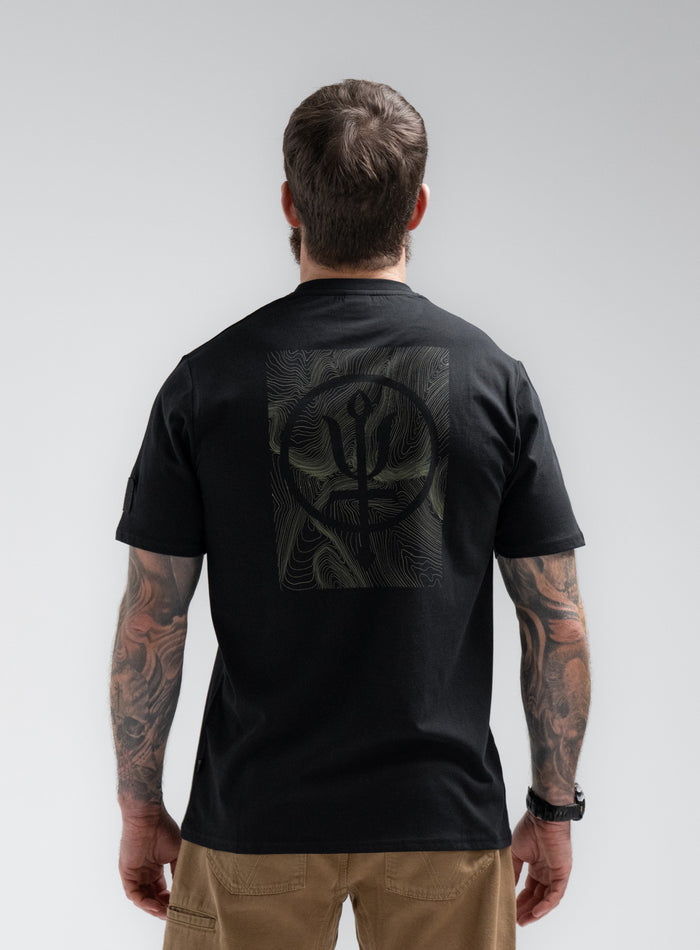 Louis Is 5ft 10" And Wears Size: M | Hem Studio Image Of Model Wearing Vader T-Shirt - Pen Y Fan In Obsidian Black (SS Model)