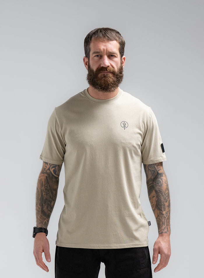Louis Is 5ft 10" And Wears Size: M | Hem Studio Image Of Model Wearing Vader T-Shirt - Pen Y Fan In Stone (SS Model)
