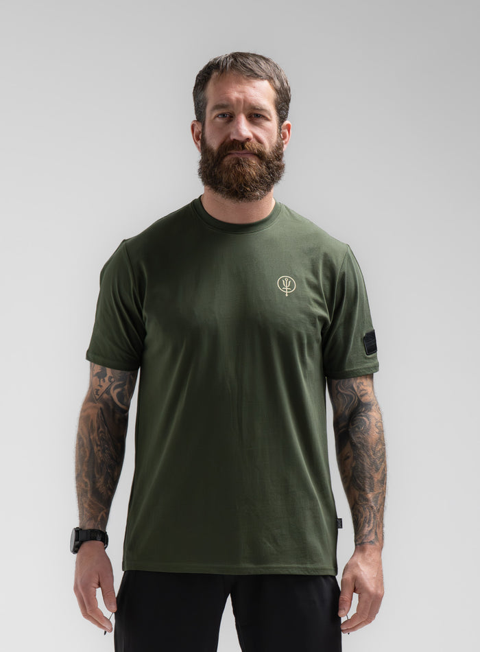 Louis Is 5ft 10" And Wears Size: M | Hem Studio Image Of Model Wearing Vader T-Shirt - Pen Y Fan In Forest Green (SS Model)