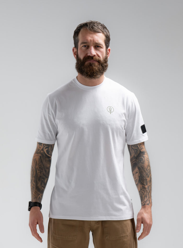 Louis Is 5ft 10" And Wears Size: M | Hem Studio Image Of Model Wearing Vader T-Shirt - Pen Y Fan In Optic White (SS Model)