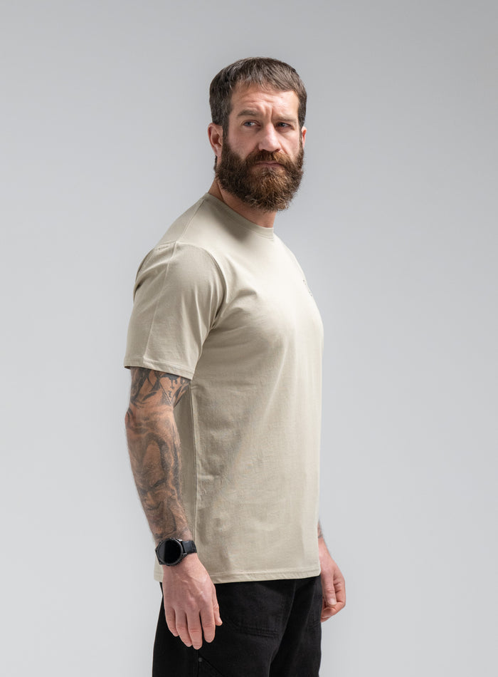 Louis Is 5ft 10" And Wears Size: M | Hem Studio Image Of Model Wearing Vader T-Shirt - Pen Y Fan In Stone (SS Model)