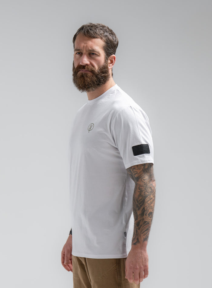 Louis Is 5ft 10" And Wears Size: M | Hem Studio Image Of Model Wearing Vader T-Shirt - Pen Y Fan In Optic White (SS Model)