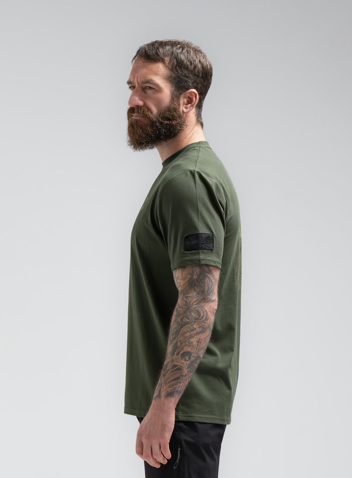 Louis Is 5ft 10" And Wears Size: M | Hem Studio Image Of Model Wearing Vader T-Shirt - Pen Y Fan In Forest Green (SS Model)