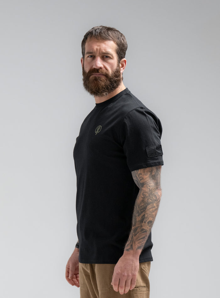 Louis Is 5ft 10" And Wears Size: M | Hem Studio Image Of Model Wearing Vader T-Shirt - Pen Y Fan In Obsidian Black (SS Model)