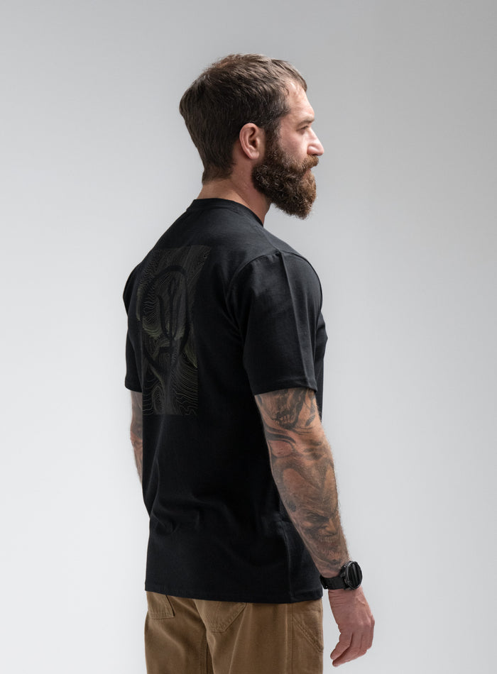 Louis Is 5ft 10" And Wears Size: M | Hem Studio Image Of Model Wearing Vader T-Shirt - Pen Y Fan In Obsidian Black (SS Model)