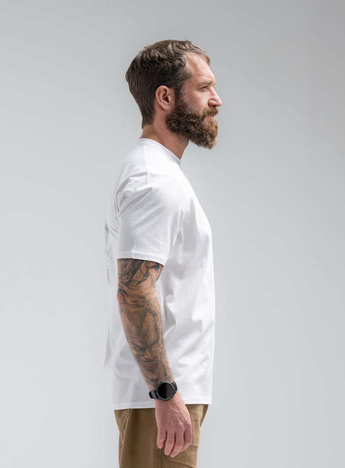 Louis Is 5ft 10" And Wears Size: M | Hem Studio Image Of Model Wearing Vader T-Shirt - Pen Y Fan In Optic White (SS Model)