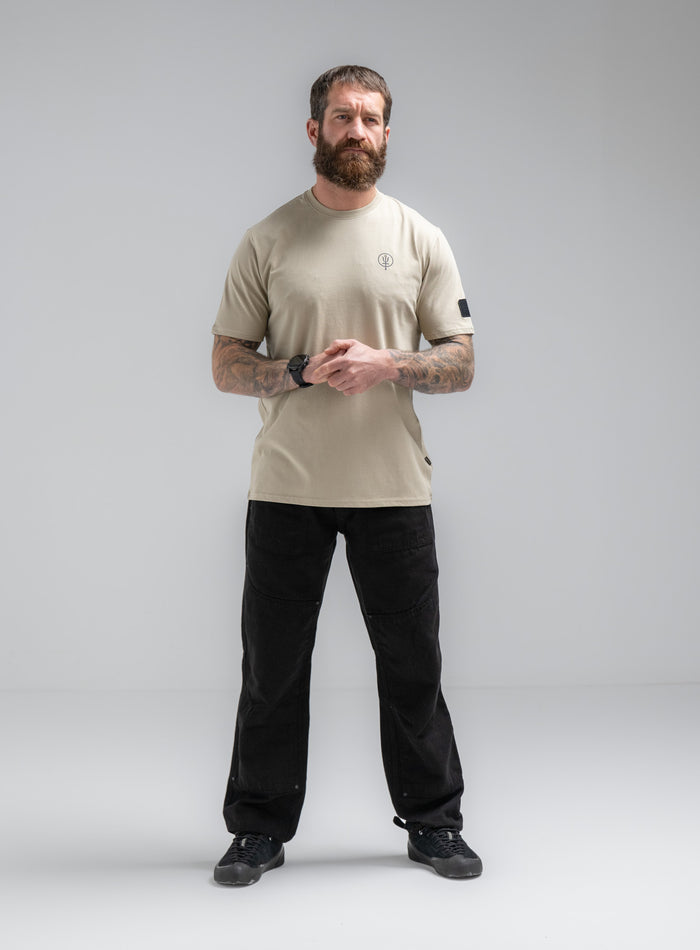 Louis Is 5ft 10" And Wears Size: M | Hem Studio Image Of Model Wearing Vader T-Shirt - Pen Y Fan In Stone (SS Model)