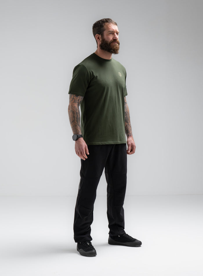 Louis Is 5ft 10" And Wears Size: M | Hem Studio Image Of Model Wearing Vader T-Shirt - Pen Y Fan In Forest Green (SS Model)